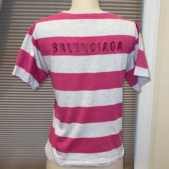 Balenciaga Striped cotton T-Shirt In Pink & Grey - Picture 4 of 7
